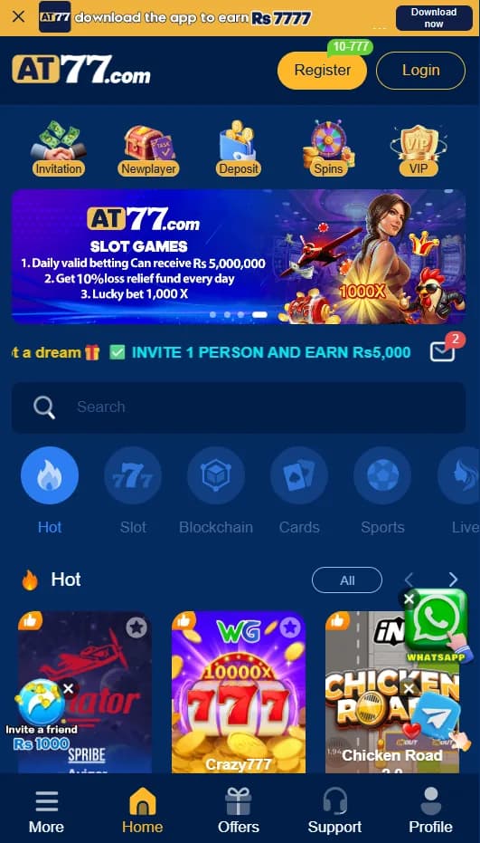 AT77 home screen showing slot games, Aviator, Plinko, and live casino categories on Android